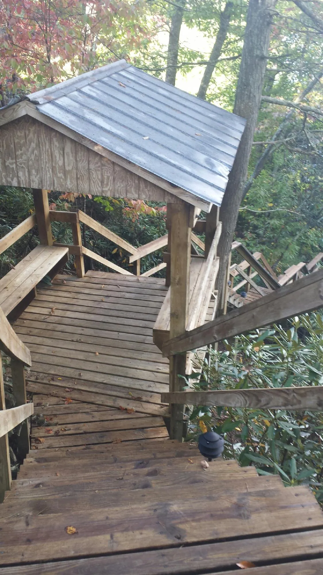 Metal roofed shelter over wooden steps on a wooded walkway — Skylight Repair & Installation work by our crew in Pelican Rapids